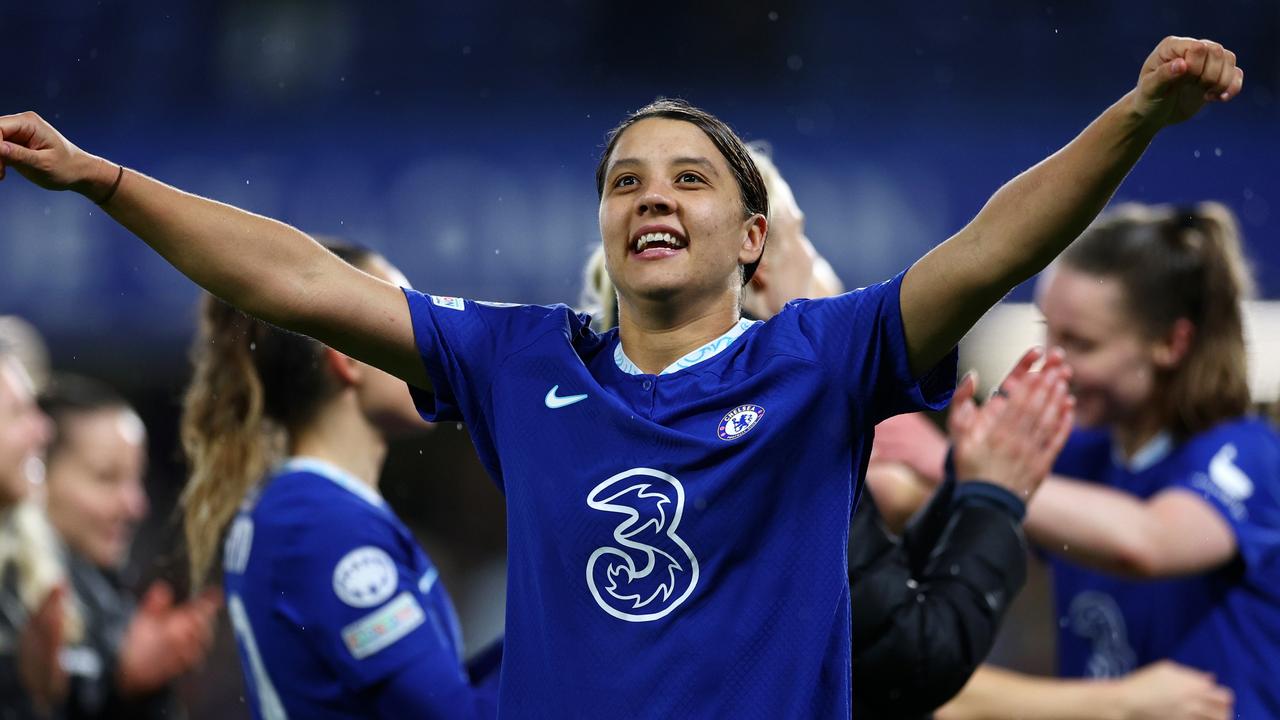 LONDON, ENGLAND - MARCH 30: Sam Kerr of Chelsea celebrates victory following the UEFA Women's Champions League quarter-final 2nd leg match between Chelsea FC and Olympique Lyonnais at Stamford Bridge on March 30, 2023 in London, England. (Photo by Clive Rose/Getty Images)