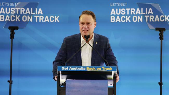 Brisbane Lord Mayor Adrian Schrinner speaking at the Arana Leagues Club on Sunday. Picture: Lachie Millard