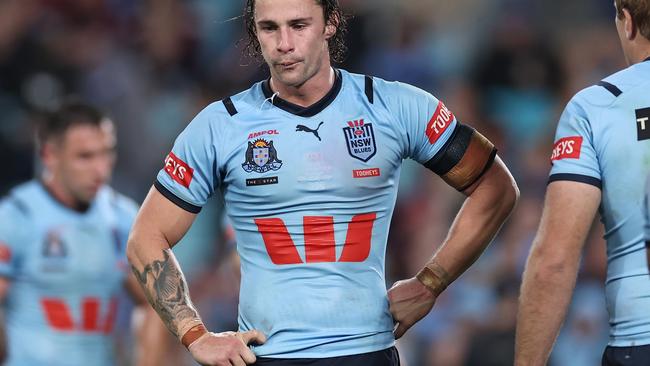 SYDNEY, AUSTRALIA - JUNE 05:  Nicho Hynes of the Blues reacts after a Maroons try during game one of the 2024 Men's State of Origin Series between New South Wales Blues and Queensland Maroons at Accor Stadium on June 05, 2024 in Sydney, Australia. (Photo by Cameron Spencer/Getty Images)