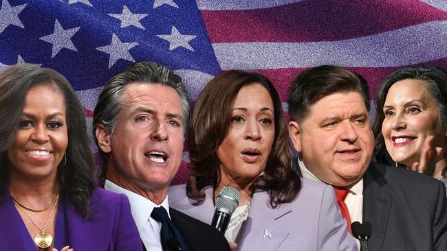 1 July 2024; A photo comp of Kamala Harris, Gavin Newsom, J.B. Pritzker,  Michelle Obama and Gretchen Whitmer. Collage. Sources supplied.