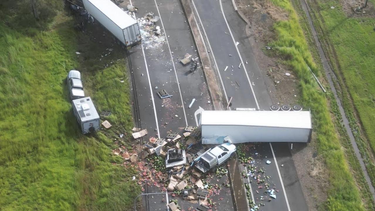 An aerial photo shows the devastating scene in which at least three people have died in a five vehicle crash on the Bruce Highway near Maryborough in March 2024. Photo: Michael O'Connor