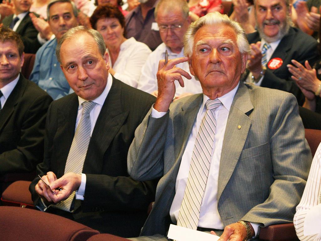 Former Labor Australian Prime Ministers Bob Hawke (R) and Paul Keating (L) before a speech by Opposition Labor Party Leader Rudd at the party's campaign launch in Brisbane, Queensland, November, 2007.