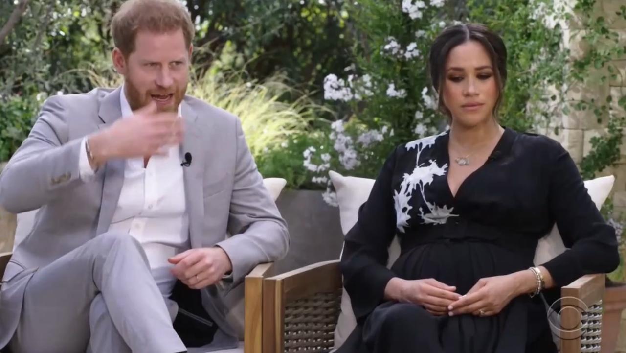 Prince Harry and Meghan Markle during their controversial interview with Oprah Winfrey. Picture: Screengrab