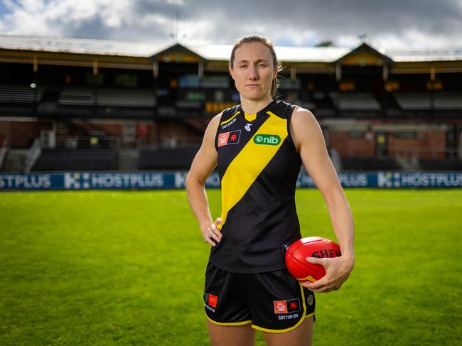 Richmond AFLW player Rebecca Miller. Bec in from the of the Jack Dyer Stand at Punt Road Oval. Picture: Mark Stewart