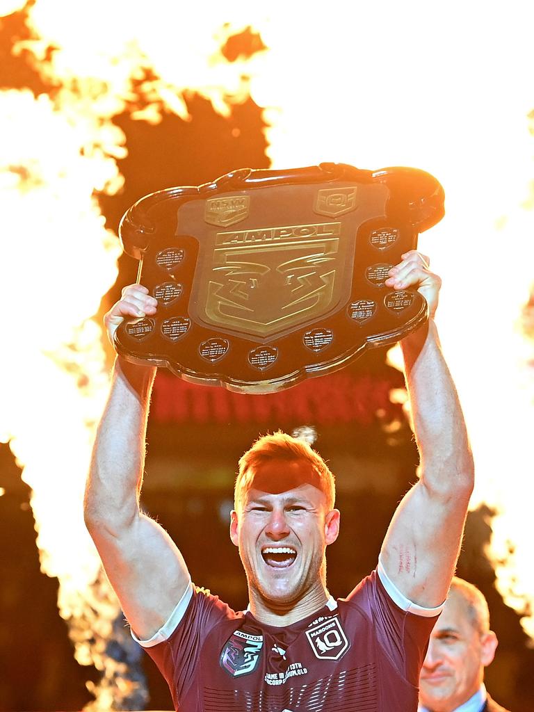 Daly Cherry-Evans lifts the shield after the 2022 series win. It would be great if we could see this again sometime before 10pm. Picture: Bradley Kanaris/Getty Images