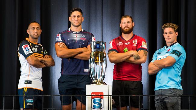 2018 Vodafone Super Rugby launch at Brisbane Powerhouse. ACT Brumbies co-captain Christian Lealiifano,  Melbourne Rebels captain Adam Coleman, Queensland Reds captain Scott Higginbotham and NSW Waratahs captain Michael Hooper. Photo: RUGBY.com.au/Stuart Walmsley