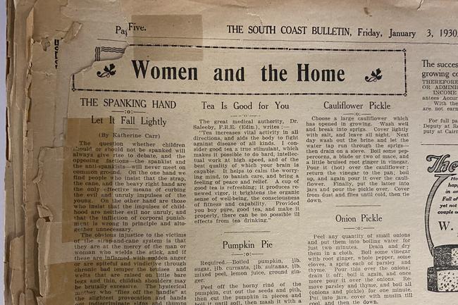 The women at home column discussing “the spanking hand”. Gold Coast Bulletin advertising, 1930,