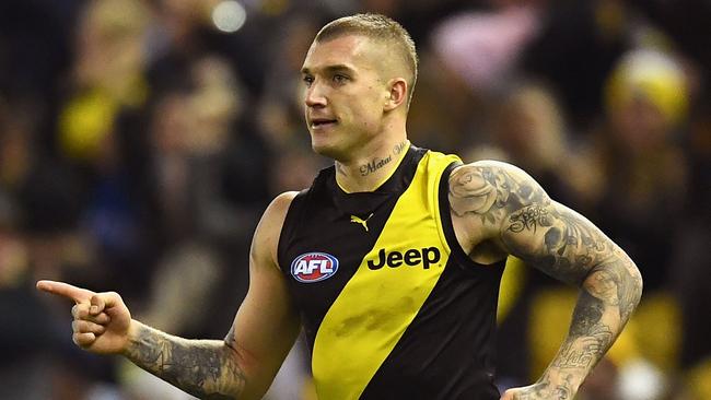 Dustin Martin celebrates a goal against the Kangaroos. Picture: Getty Images