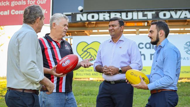 Jinson Charls (Minister for People, Sport and Culture), Andrew Mackay (Member for Goyder), Kevin Mulvahil (SDFC President) and Gerard Maley (Deputy Chief Minister and Member for Nelson) at the Norbuilt Oval lights development announcement.