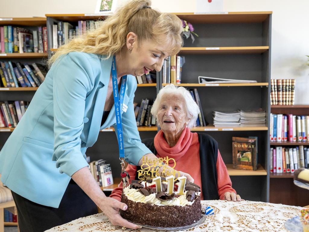 Mrs van der Linden is an “inspiration” to staff and residents at the West Beach Residential Care home she lives in. Picture: Southern Cross Care.