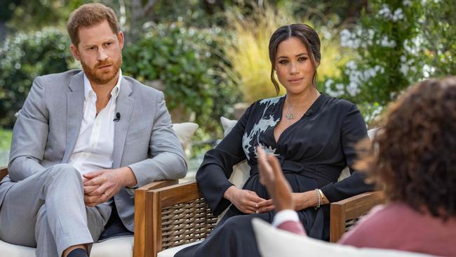 Prince Harry and wife Meghan, Duchess of Sussex, during an interview with US television host Oprah Winfrey. Picture: AFP