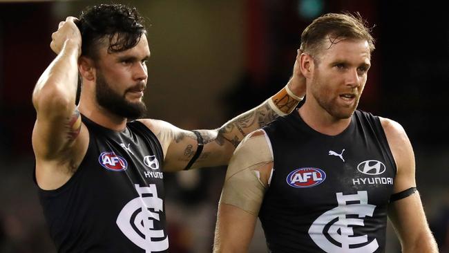 Blues Zac Williams and Sam Docherty after the loss to the Lions. Picture: Michael Willson/AFL Photos