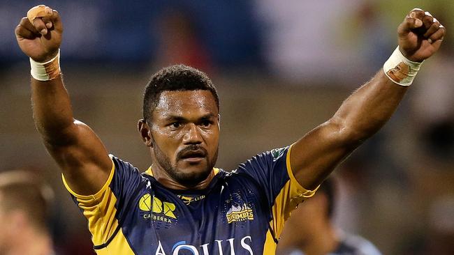 CANBERRA, AUSTRALIA - MARCH 04: Henry Speight of the Brumbies celebrates victory in the round two NRL match between the Brumbies and the Waratahs at GIO Stadium on March 4, 2016 in Canberra, Australia. (Photo by Mark Metcalfe/Getty Images)