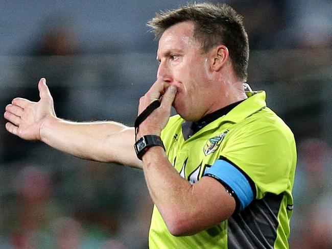 Referee Jared Maxwell during the NRL game betwen the South Sydney Rabbitohs and the Penrith Panthers at ANZ Stadium , Homebush .Picture Gregg Porteous