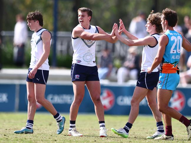 BRISBANE, AUSTRALIA – JULY 07: Sam Lalor of Victoria Country celebrates a goal during the Marsh AFL National Championships match between U18 Boys Allies and Victoria Country at Brighton Homes Arena on July 07, 2024 in Brisbane, Australia. (Photo by Chris Hyde/AFL Photos/via Getty Images)