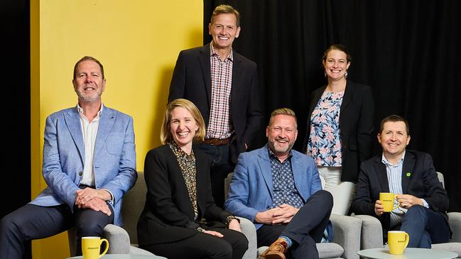 Flinders University Fearless Conversations panellists David Kelly, Jess Morgan, John Mannion and Steve Wright (front row) with presenter Mark Soderstrom and associate professor Sarah Cohen-Woods (back). Picture: Matt Loxton