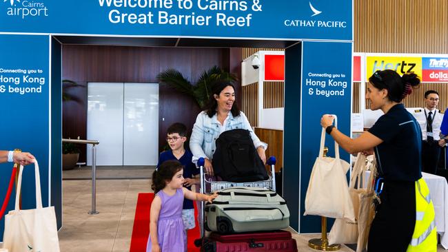 Max, 6, Ellie, 4, and Jessica Mizzi were among the first passengers on Cathay Pacific's return to Cairns in December 2024.