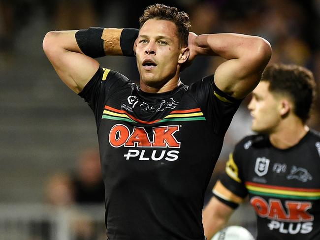 MACKAY, AUSTRALIA - SEPTEMBER 18: Scott Sorensen of the Panthers looks dejected during the NRL Semifinal match between the Penrith Panthers and the Parramatta Eels at BB Print Stadium on September 18, 2021 in Mackay, Australia. (Photo by Matt Roberts/Getty Images)