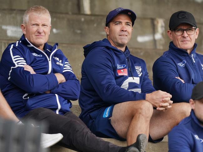 Stephen Wells with Chris Scott and then football boss Simon Lloyd in 2020. Picture: AAP Image/Michael Dodge