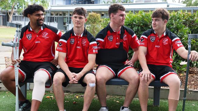 Injured Bears. Left to Right: Lascolm Tugai, Ben Roebuck, Lucas Liddicoat, Cooper Cox. Picture: Courtney Thomson / Kirwan SHS