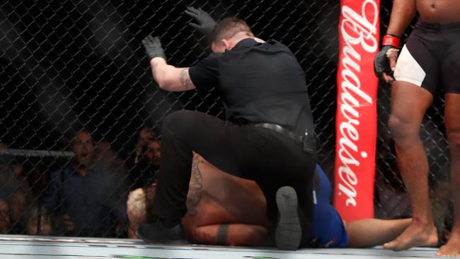 Alistair Overeem (R) of the Netherlands stands by after knocking out Mark Hunt of Australia.