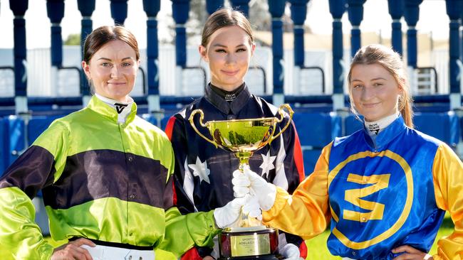 Top SA jockeys (from left) Teagan Voorham, Taylor Johnstone, and Rochelle Milnes, in their Adelaide Cup jockey silks. Picture: Dean Martin