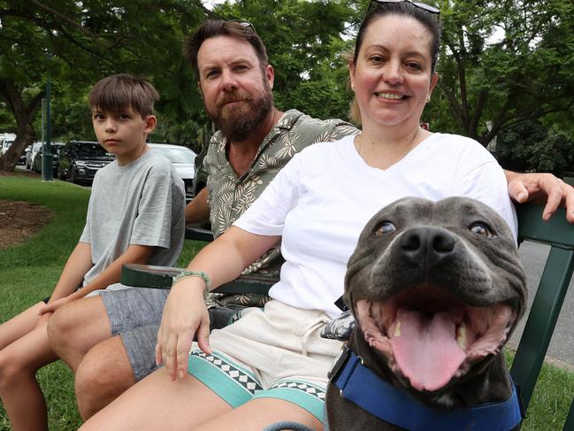 Homeowners Carl, Angelica, and son Sam Jocumsen from Balmoral are looking forward to interest rate cuts, New Farm Park. Picture: Liam Kidston