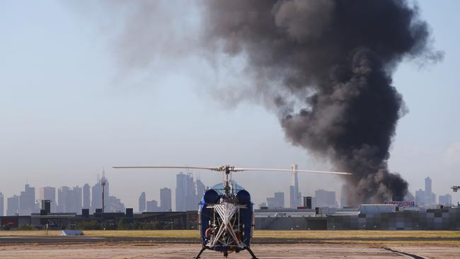 A view from the tarmac at Melbourne's Essendon Airport is seen after a charter plane leaving the airport crashed. Picture: Getty Images