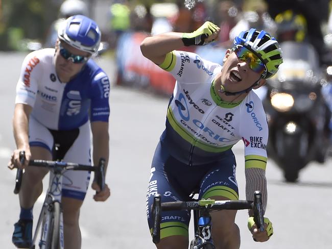 Aussie gun Caleb Ewan celebrates his stage win.