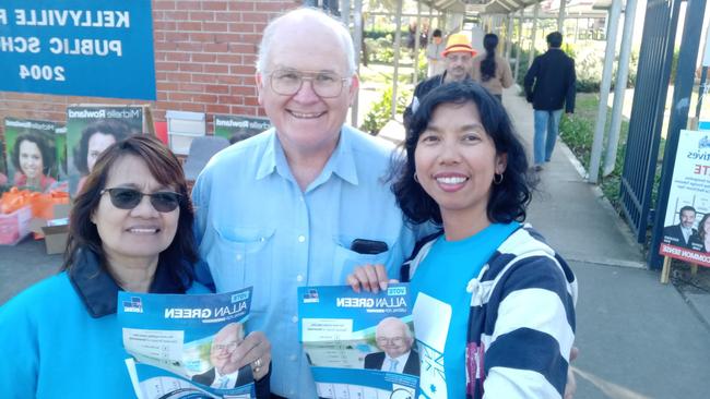 Greenway federal Liberal candidate Allan Green with his wife (right) and a Liberal volunteer on Election Day at Kellyville Ridge Public School. Picture: Supplied