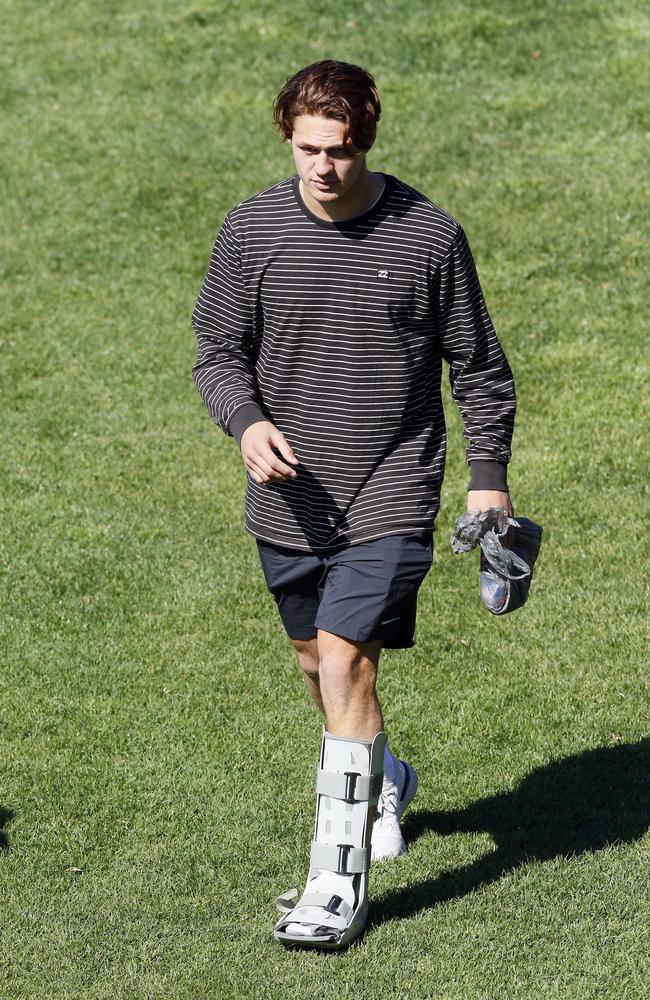 Kalyn Ponga wearing a moon boot following his late-season ankle injury. Picture: AAP