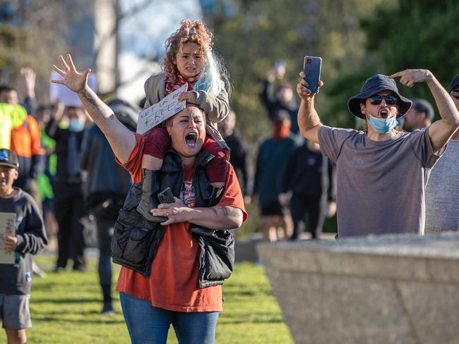 Angry protesters gather at the Shrine of Remembrance. Picture: Jason Edwards