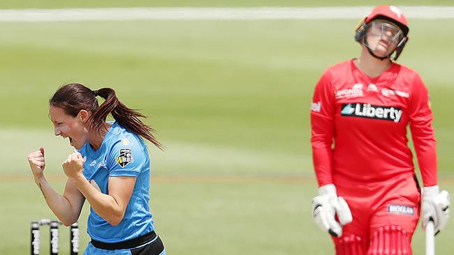 Megan Schutt was fired up after taking the wicket of Lizelle Lee. Picture: Mark Metcalfe/Getty Images