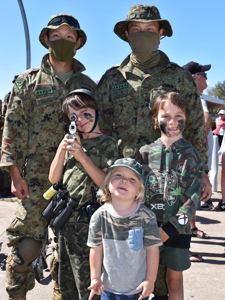 Kai Telford, Tyde Telford, and Brody Telford of Airlie Beach with Japanese soldiers T. Yoshikawa and Y. Ishibashi at the Exercise Talisman Sabre open day at Bowen. Picture: Kirra Grimes