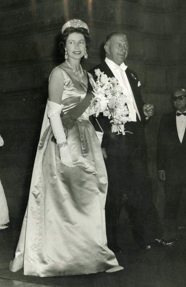 Queen Elizabeth II on her 1963 royal visit to Australia. The Queen with then-Victorian Premier Henry Bolte at Melbourne Town Hall. Picture: News Corp Australia