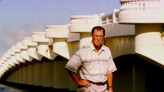 Cr Alan Rickard with the infamous “bridge to nowhere” in 1996.