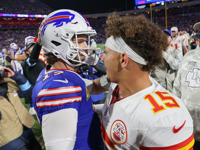 ORCHARD PARK, NEW YORK - NOVEMBER 17: Josh Allen #17 of the Buffalo Bills and Patrick Mahomes #15 of the Kansas City Chiefs embrace after a game at Highmark Stadium on November 17, 2024 in Orchard Park, New York. (Photo by Bryan Bennett/Getty Images)