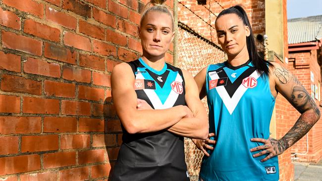 Erin Phillips and Gemma Houghton wearing their inaugural playing kit for Port Adelaide’s AFLW team. Picture: Morgan Sette