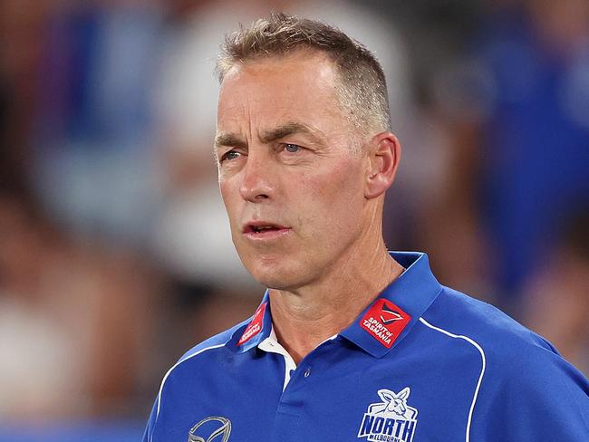 MELBOURNE, AUSTRALIA - MARCH 15: Alastair Clarkson, Senior Coach of North Melbourne looks on during the round one AFL match between Western Bulldogs and North Melbourne Kangaroos at Marvel Stadium, on March 15, 2025, in Melbourne, Australia. (Photo by Kelly Defina/AFL Photos/via Getty Images)