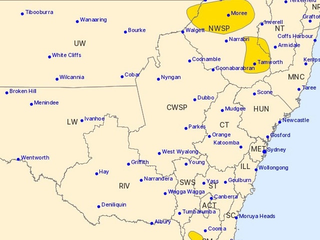 The Bureau of Meteorology issued a severe thunderstorm warning for North West Slopes and Plains, the Snowy Mountains, Northern Tablelands and Upper Western zones at 8.46pm on November 9. Picture: Bureau of Meteorology