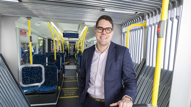 Ryan Murphy on board Brisbane Metro from UQ Lakes Station, St Lucia to Eight Mile Plains electric bus depot on Saturday, October 12, 2024. Picture: Richard Walker