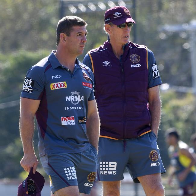 Broncos assistant coach Jason Demetriou (left) and coach Wayne Bennett look on during the Brisbane Broncos training session in Brisbane, Wednesday, August 1, 2018. (AAP Image/Dave Hunt) NO ARCHIVING