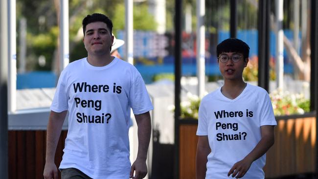 Australian human rights campaigner Drew Pavlou (L) pictured wearing a "Where is Peng Shuai?" T-shirt. Photo: Paul Crock/AFP