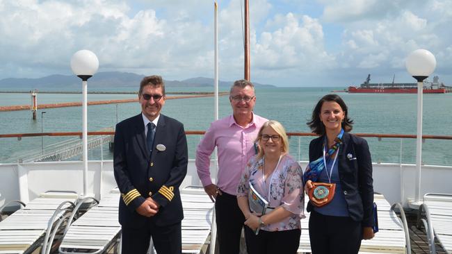 Captain Mikael Degerlund, Cr Les Walker, Coralee O'Rourke MP and Port of Townsville general manager for business strategies Claudia Brumme-Smith on board the MV Boudicca.