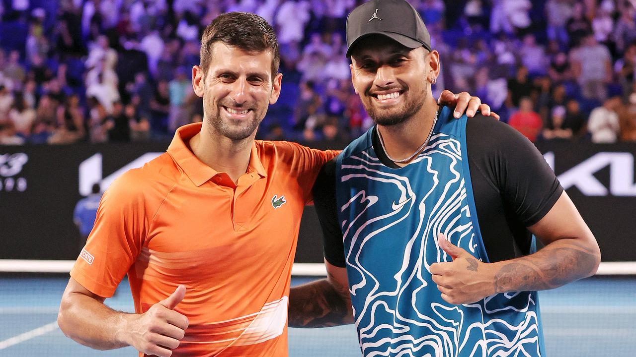 MELBOURNE, JANUARY 13, 2023: Nick Kyrgios and Novak Djokovic meet on Rod Laver Arena for the Arena Showdown, the finale of the Australian OpenÃ&#149;s Perfect Practice series. Picture: Mark Stewart