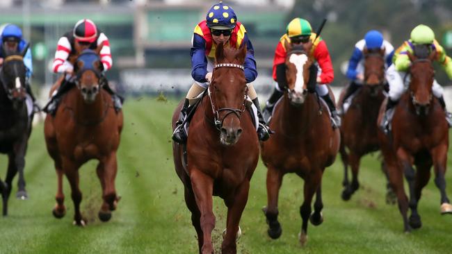 Damian Lane rides Nature Strip to an emphatic victory at Flemington. Picture: AAP