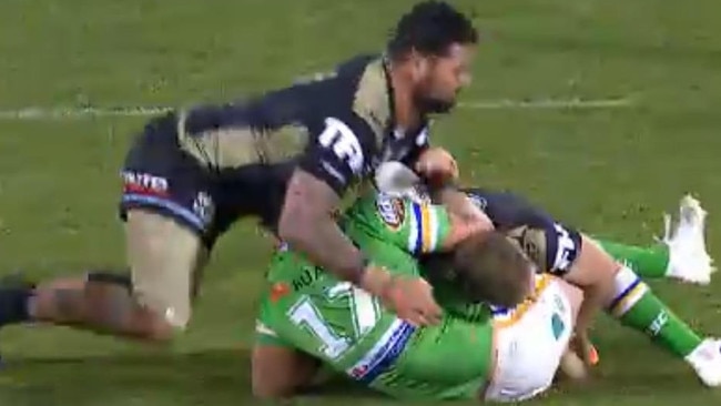 Cronulla's Andrew Fifita was charged for this tackle against Canberra. Image: Fox Sports