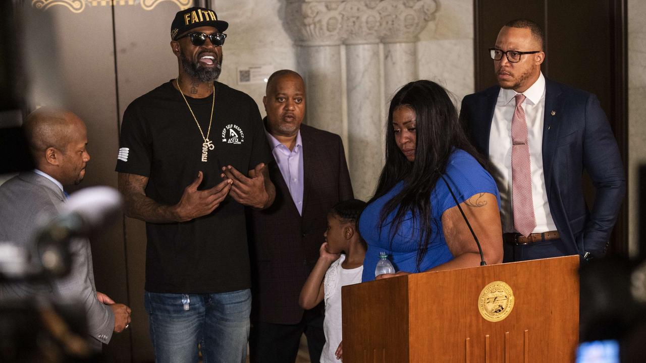 Stephen Jackson, a friend of George Floyd, speaks at a press conference with Roxie Washington, the mother of George Floyd's daughter Gianna Floyd. Picture: Getty Images