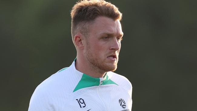 DOHA, QATAR - JANUARY 10: Harry Souttar of Australia controls the ball during an Australia Socceroos training session ahead of the the AFC Asian Cup at Qatar University Field 11 on January 10, 2024 in Doha, Qatar. (Photo by Robert Cianflone/Getty Images)