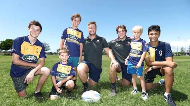 Queensland Reds Rugby Players Harry Hoopert and Fraser McReight visit Gold Coast Eagles juniors (L-R) Dan Teren, Alfie Lawrie, Caleb Ahern, Jonte Gault and Cooper Eagle at Southport. Photograph: Jason O'Brien